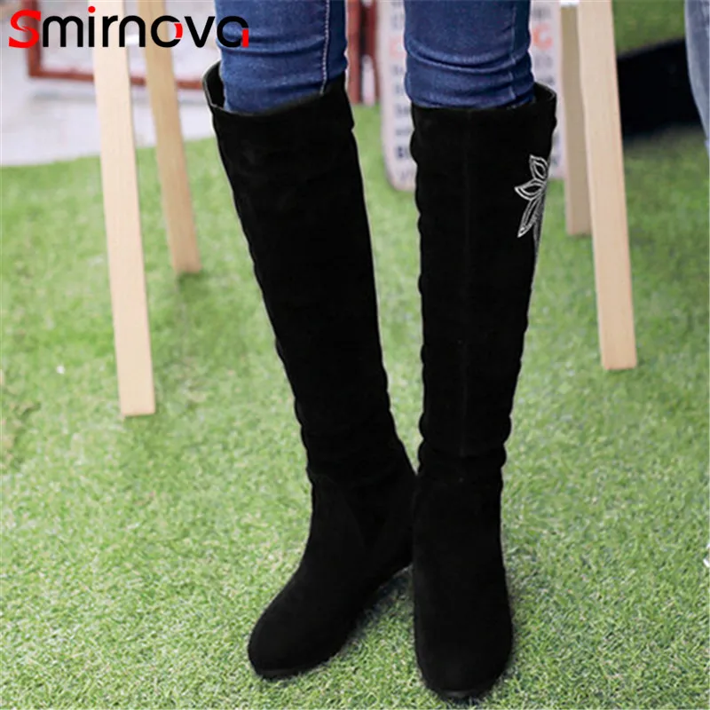 

Smirnova new hot 2020 winter female knee high boots height increasing solid round toe slip on gentle women high heels boots
