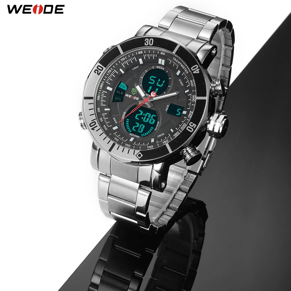 

WEIDE Stainless Steel Wrist Watch Men Quartz Digital Multifunctional Dual Movements Watches With Original Paper Box Packaing