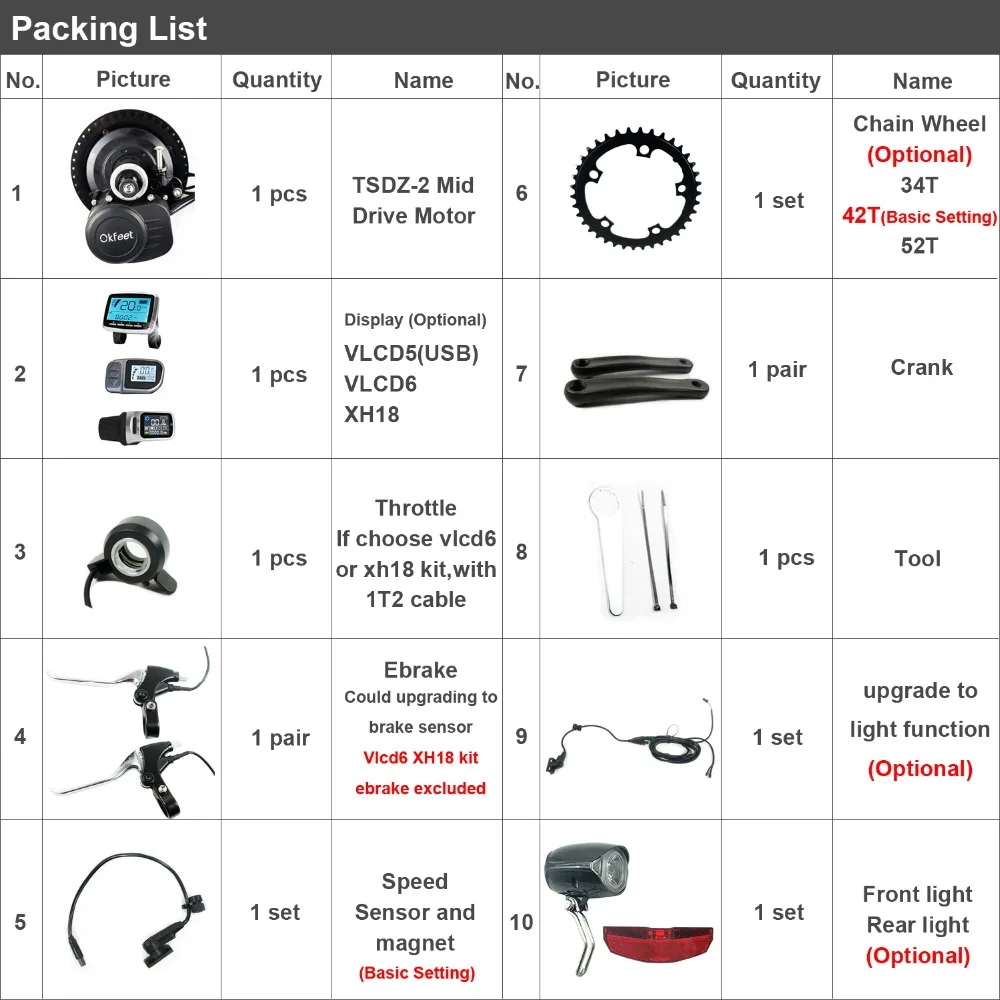 Sale Okfeet TSDZ2 Tongsheng Midmotor 36/48V 250/350/500W Mid Drive Motor Electric Bicycle Kit Torque Sensor LCD Display Light 10