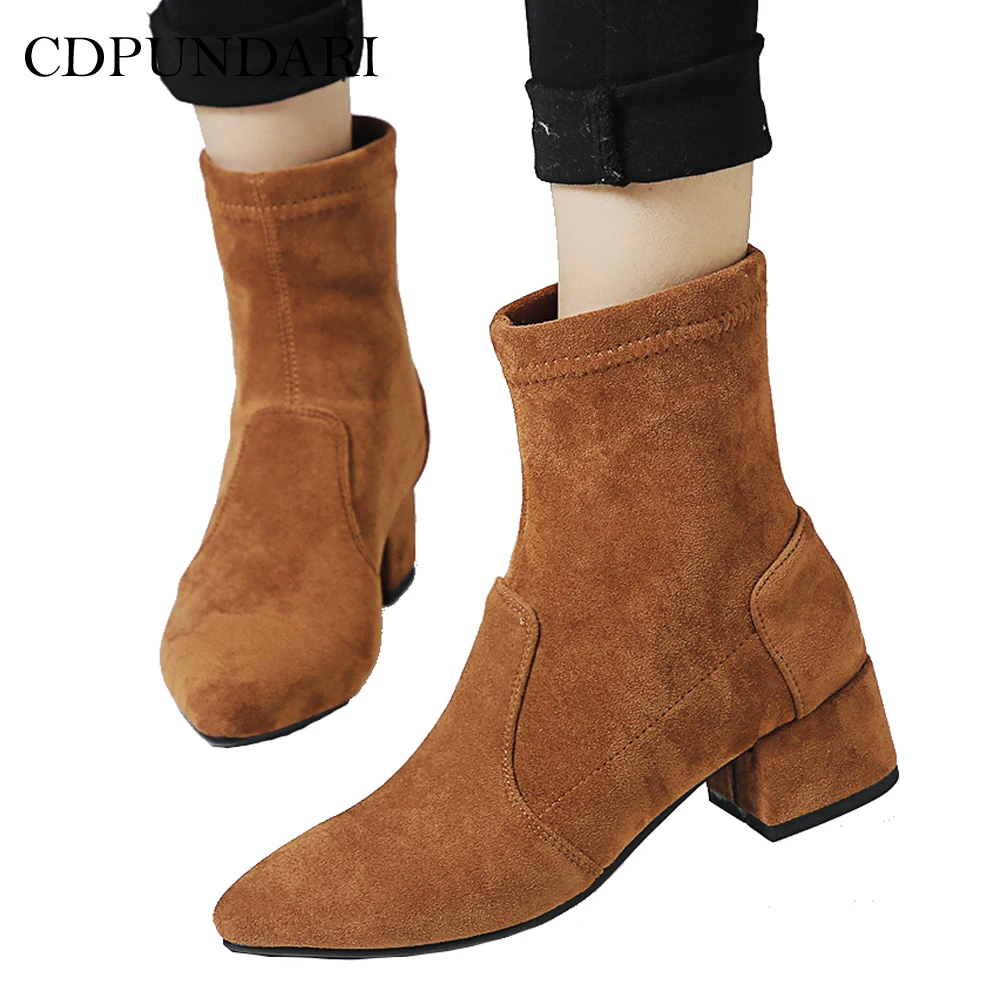 

CDPUNDARI Sexy Pointed Toe Ankle boots for Women Med heel boots Ladies Winter shoes woman