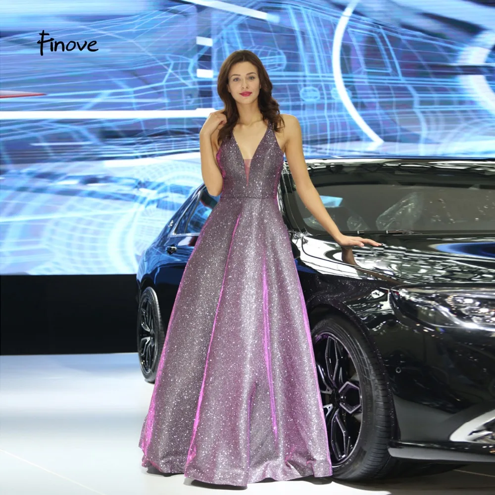 

Finove Evening Dress 2019 Long Sparkle Materials Sexy V Neck Back Elegant A Line Formal Party Reflective Dress Robe de soiree