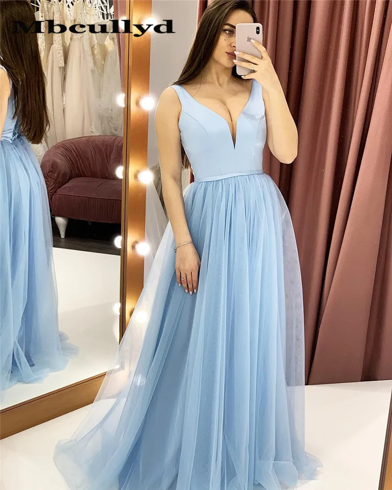 

Mbcullyd Deep V-neck Prom Dresses Long 2019 Light Blue Tulle Formal Evening Dress For Black Girls Cheap robe de soiree