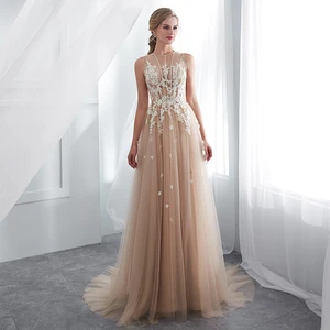 Image 1 - Vestidos De Gala Largos suknie balowe bez rękawów 2019 długie piętro długość szampana sukienki na przyjęcie szaty De Soiree wyjściowa sukienka na studniówkę