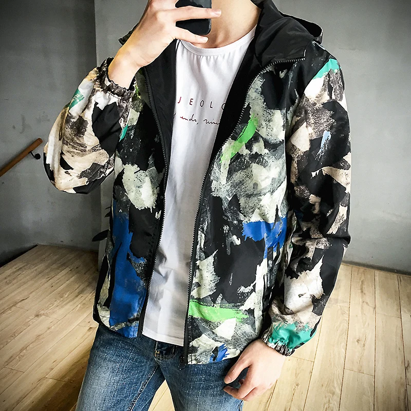 Ветровка мужская демисезонная с капюшоном и граффити|spring autumn jacket men|autumn menhooded