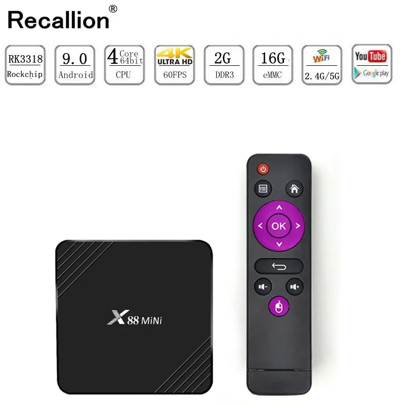 X88 Мини Android 9,0 Tv Box 2 Гб ОЗУ 16 Гб ПЗУ 4 K медиаплеер Поддержка H.265 Uhd 2,4 ГГц Wifi приставка Rk3318 четырехъядерный 64 бит