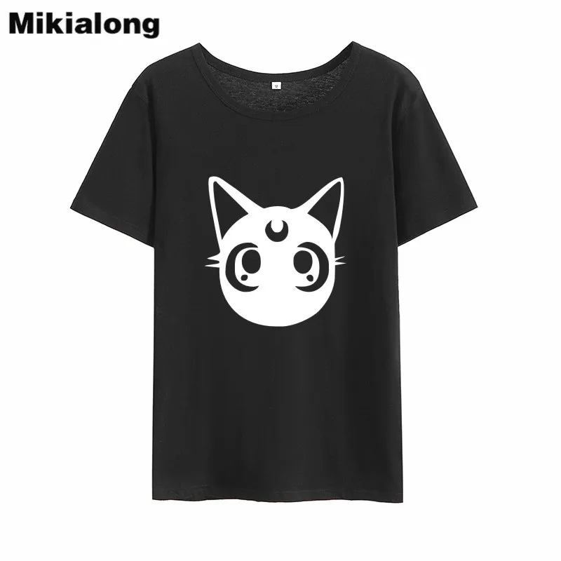 

Mikialong Cartoon Sailor Moon Cat Kawaii Tshirt Women 2018 Short Sleeve O-neck Camiseta Feminina BlackWhite Cotton T-shirt Women