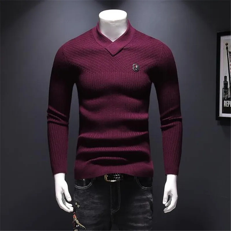 Высококачественный свитер из шерсти альпаки с длинными рукавами 95% осень мужской свитер чистого цвета с v-образным вырезом - Цвет: Claret