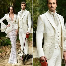 Бежевый Белый Вышивка дворец жениха Смокинги для женихов 3 предмета Мужская Свадебная вечеринка Костюмы элегантный Жених Костюм(куртка+ Брюки для девочек+ жилет