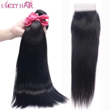 USEXY HAIR Straight Malaysian Hair With Closure Swiss Lace Free/Middle Part 100% Non Remy Human Hair Weave 3 Bundles No Tangle