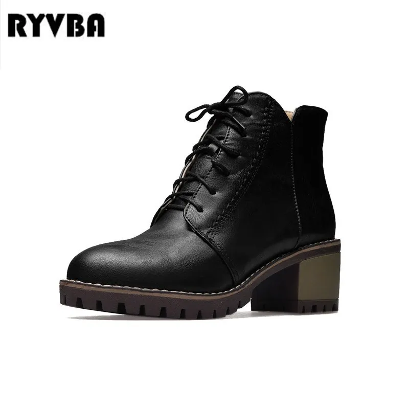 

RYVBA 2019 woman autumn winter ankle boots for women lace up boots fashion woman square mid heels ladies black round toe shoes