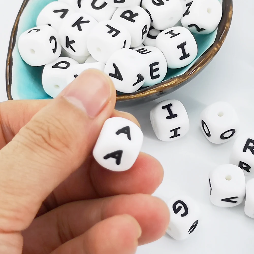 Pacifier Chain Silicone Beads Alphabet Letter Bead DIY 12mm Silicone Cube Teether Beads for DIY Name on Pacifier Clip 100pcs/bag Teething Toys Pacifier Clip Pacifier Chain Pacifier Accessories Teether Clip Teething Beads Baby Silicone Accessories