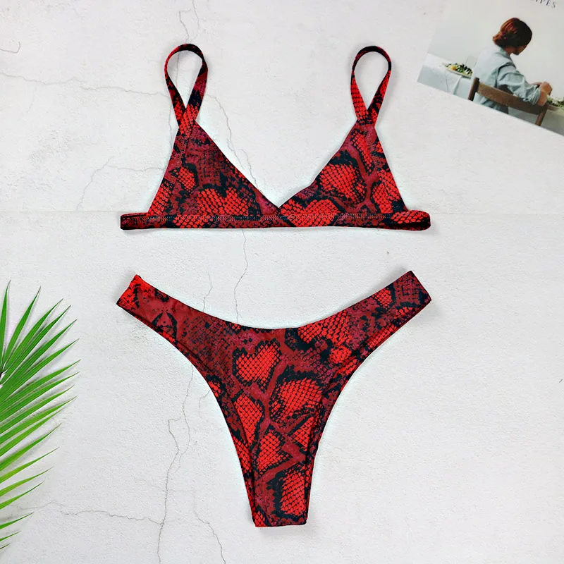 

Snakeskin Print Bikini Set Push Up Bathing Suit Swimwear Summer Bathing Suit Biquinis Swimsuit High Leg Cut Bather Bathing Suit