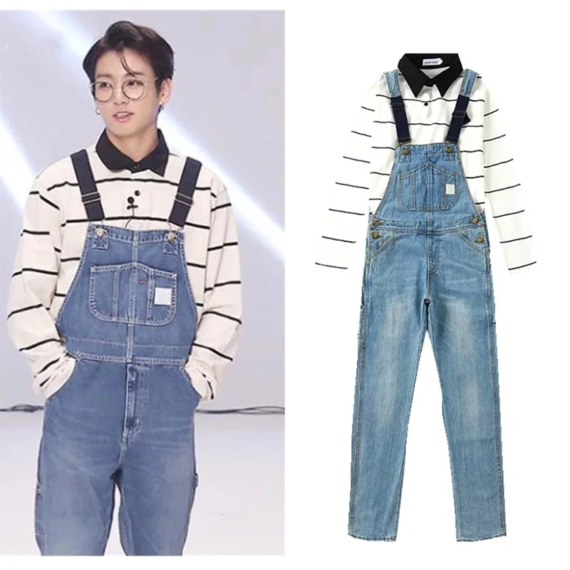 

Kpop Bangtan Boys JUNGKOOK V Same Section Jeans Trousers Unisex Korean Students Loose Boyfriend Ulzzang Bib Pants