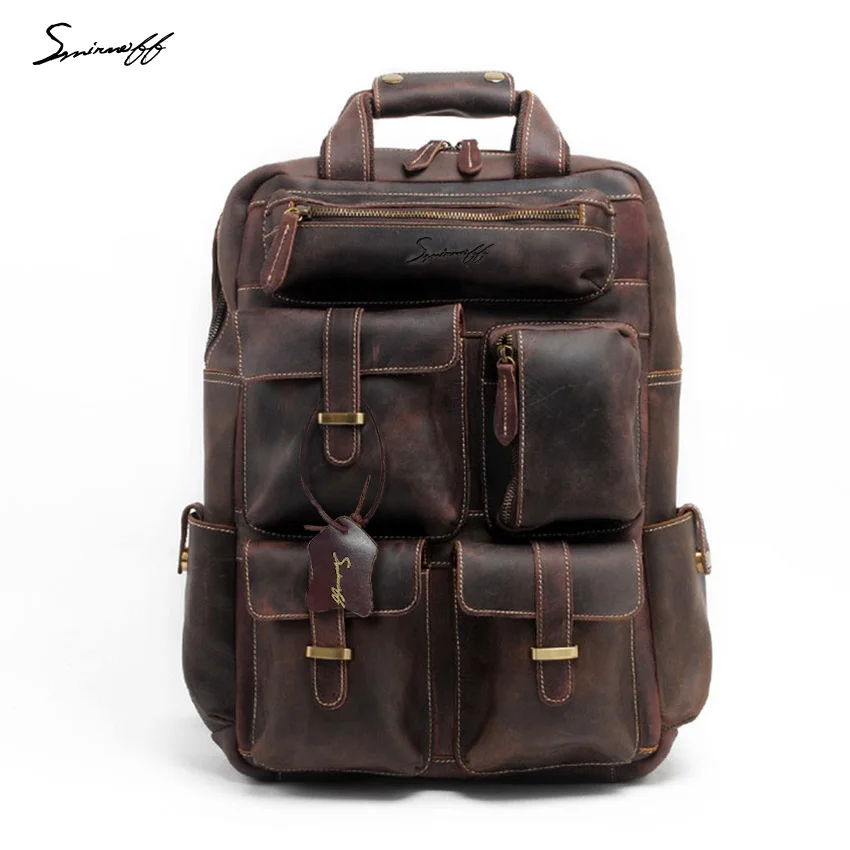 

SMIRNOFF 2017 Crazy Horse Leather Bag Backpack Men Travel School Bag Retro Genuine Leather Boys Backpack Schoolbag Male