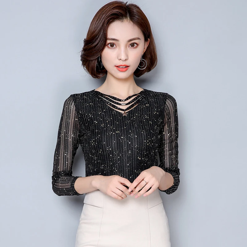 Nueva blusa de Mujer de malla de impresión ahuecada hacia fuera blusas coreanas Ropa 2018 Casual de camisa de manga larga Mujer Tops cuello en V rebordear Ropa Mujer Nueva blusa de Mujer de malla de impresión ahuecada hacia fuera blusas coreanas Ropa 2018 Casual de camisa de manga larga Mujer Tops cuello en V rebordear Ropa Mujer