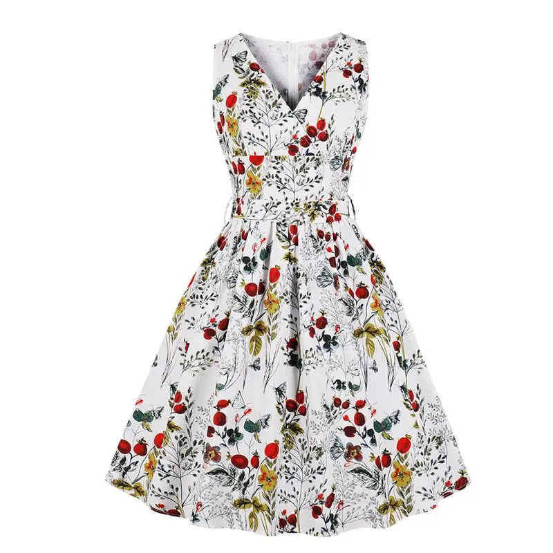 

Summer Vintage Office Lady Sexy Sweet White Plus Size Women Rockabilly Dress Floral Gothic Print Elegant Party Female Midi Dress