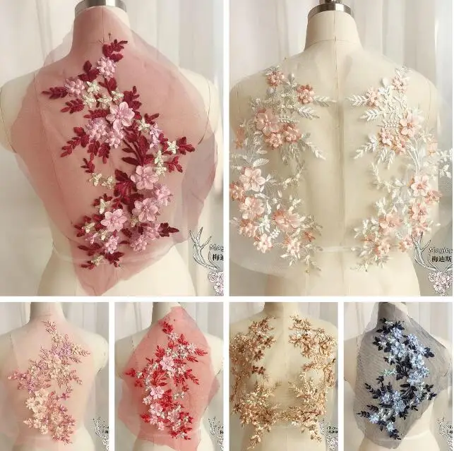 

1 Piece 38*22cm exquisite pearl beaded 3d flower lace applique embroidery mesh sewing floral fabric trim for evening dress cloth