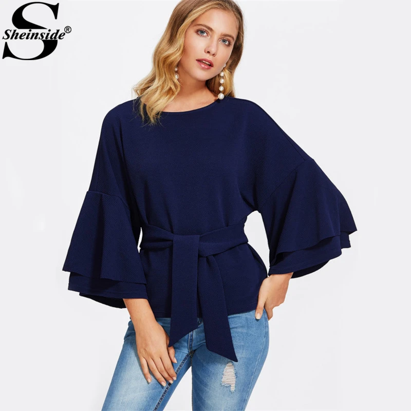 Buy Sheinside Tie Front Layered Flare Sleeve Textured