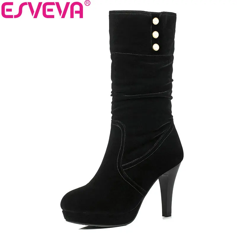 

ESVEVA 2018 Women Boots Mid Calf Boots Warm Fur Winter Boots Thin High Heel Platform 2cm Elegant Ladies Fashion Boots Size 34-39