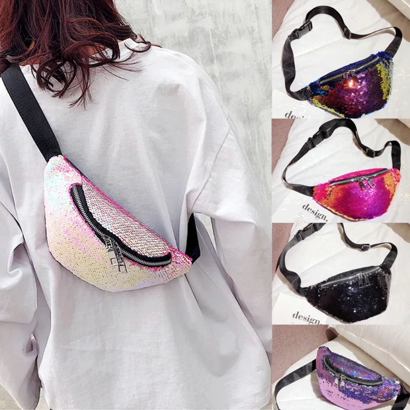

New Style Women Fashion Reversible Mermaid Sequins Glitter Waist Bag Lady PU Sports Fanny Pack Pouch Hip Purse
