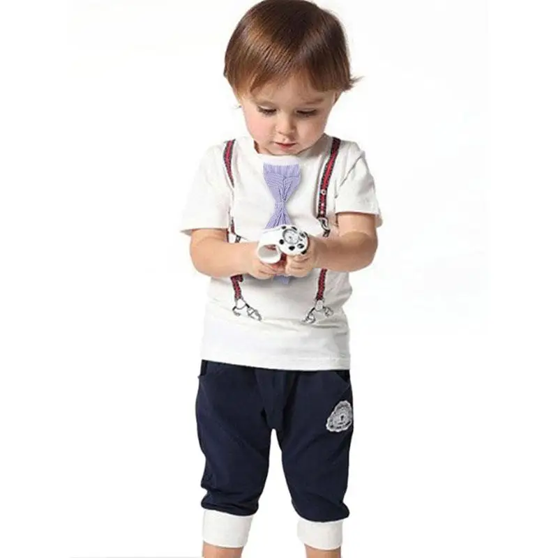 

New Brand Cute Kids Baby Boy Cotton Tie Belt Print Top T Shirt+long Pants 1-5Y Multple Color Baby Suit Outfits