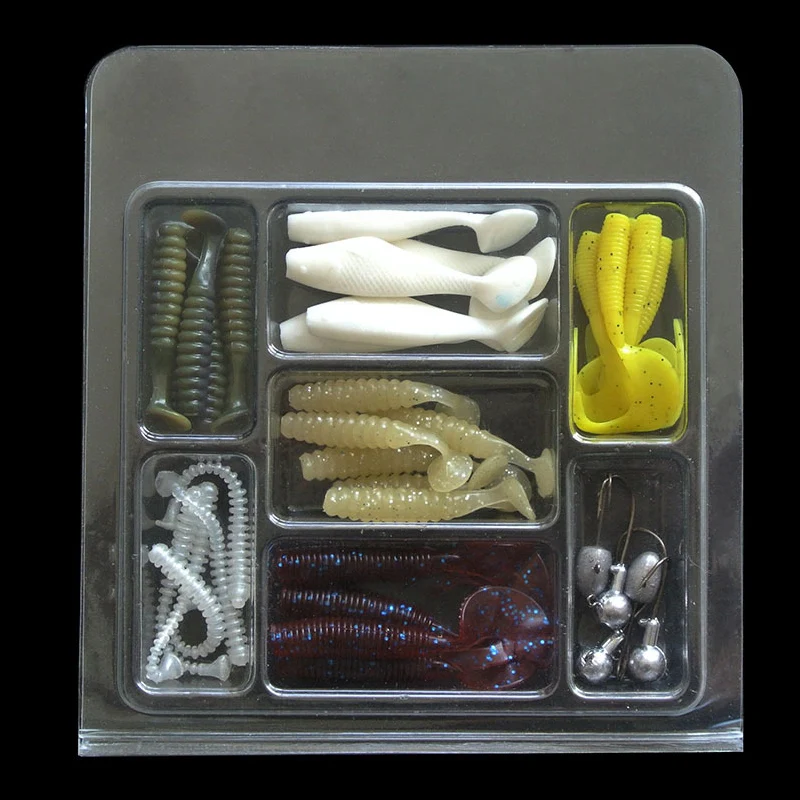 

35Pcs/Lot Soft Worm Lure Sets Head Jig Hooks Fishing Baits Set Tackle Lead Hook Grub Worm Fishing Rod Silicone Shads Lure Tackle