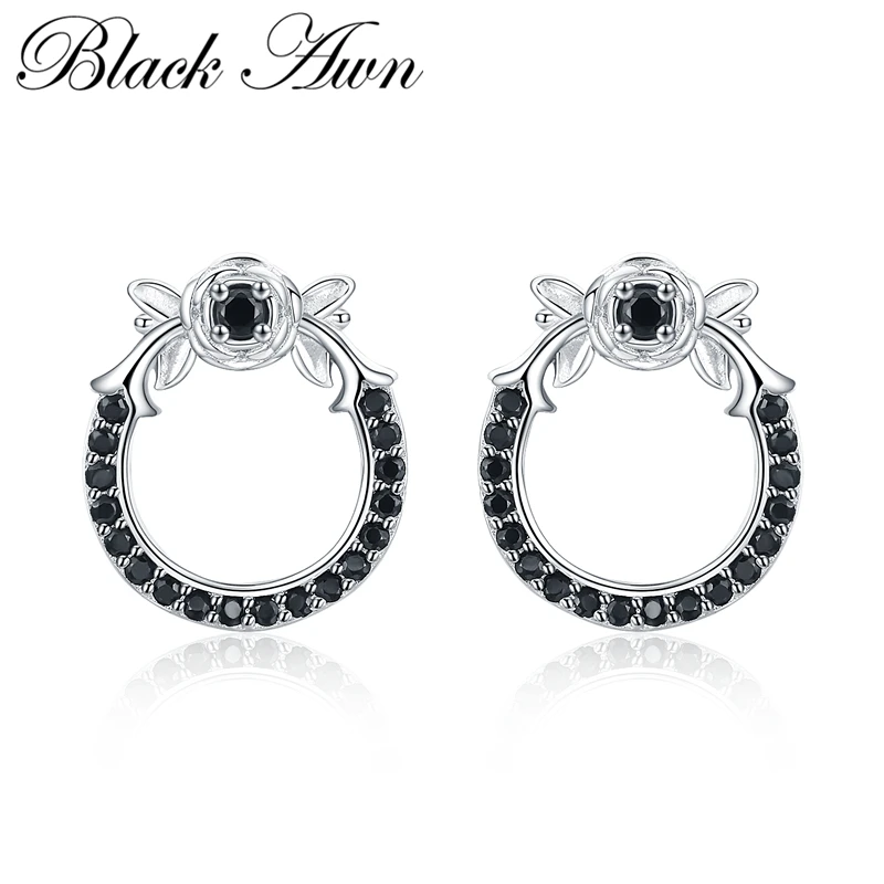 

Black Awn New 925 Sterling Silver Natural Black Spinel Round Butterfly Wedding Stud Earrings for Women Fine Jewelry Bijoux I110