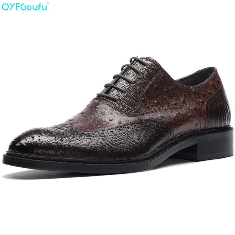

Brand Genuine Leather Men Luxury Dress Shoes Brown Black Oxford Party Wedding Formal Ostrich Pattern Business Shoes