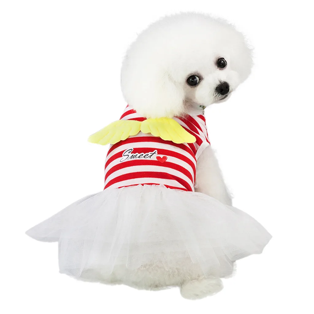 

2019 Small Dog Dress Pet Dog Bowknot Dress Dog Cat Cute Spring Summer Angel wings striped skirt pettiskirt new 427