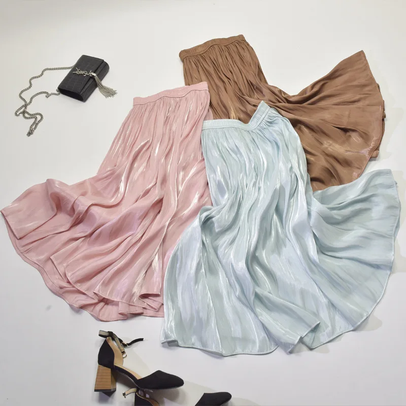 

Women Pleated Skirt Spring Summer Loose Large Size Elastic Waist Shiny Fashion Long Skirt Women Joker Skirt Harajuku 0945