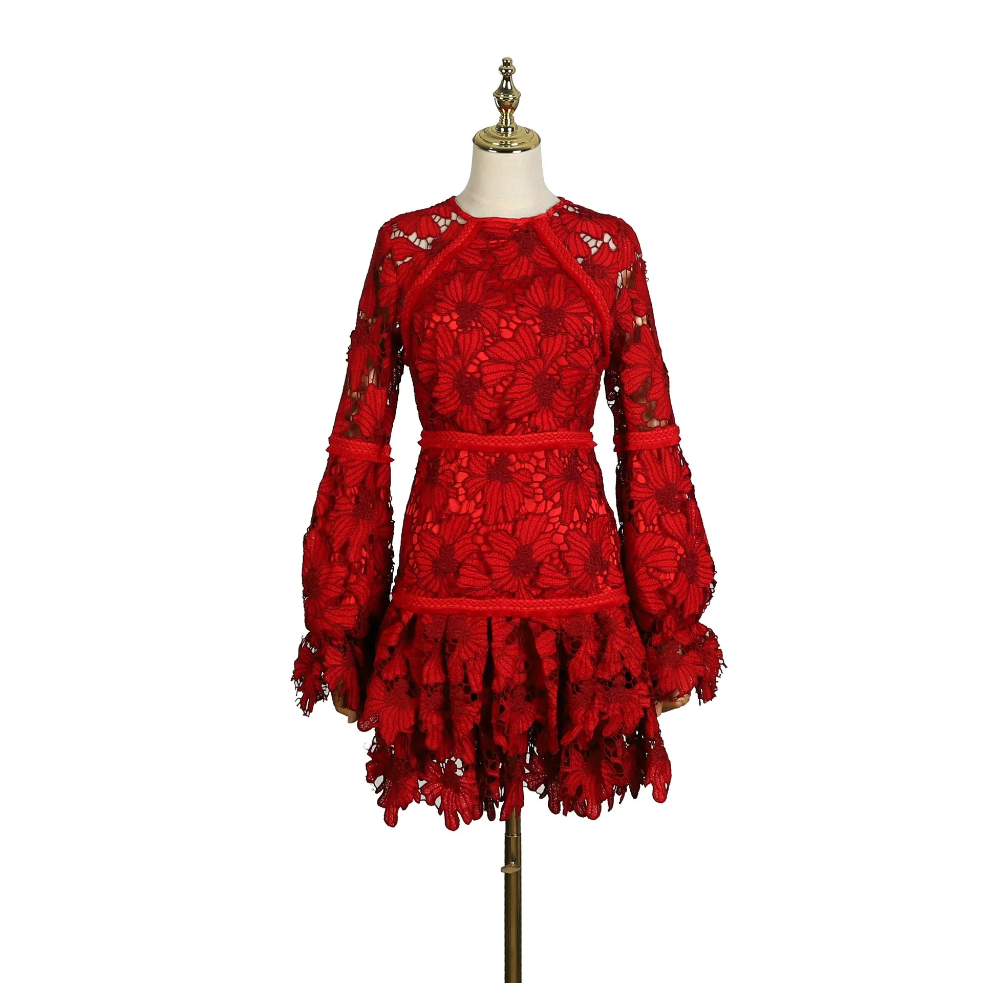 

Fashion Sexy Women Empire Waist Embroidery Hollow Out Dress Petal Sleeve O-Neck Dress Spring Celebrity Bodycon Party Dresses
