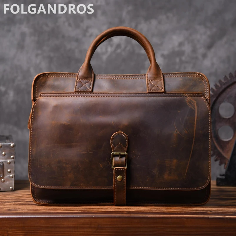 

Men Brand Vintage Briefcases Genuine Leather Business Document Computer Briefcase Large Capacity Full Grain Leather Shoulder Bag