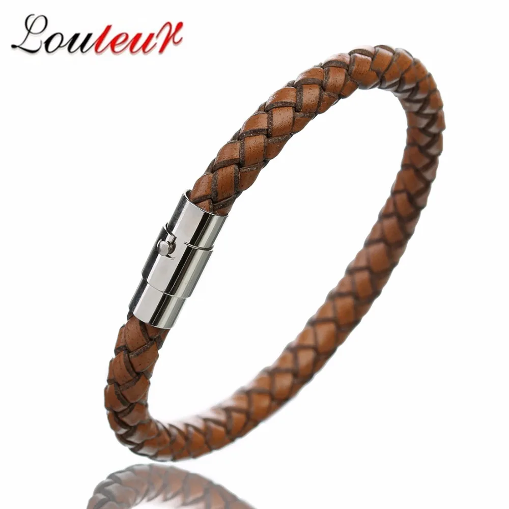 Handmade Gold Color Vintage Men Leather Bracelets Stainless Steel Magnetic Clasp Braided