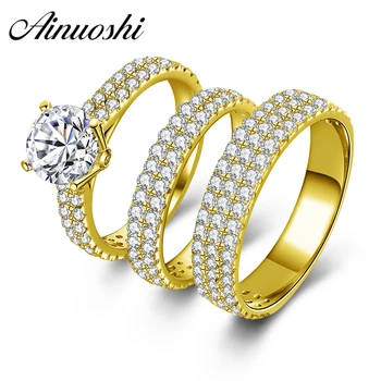 

AINUOSHI Real 14K Yellow Gold Couple Ring Sets Male Wedding Band Bridal Rings Sona Diamond Engagement Rings 14K Gold TRIO Ring