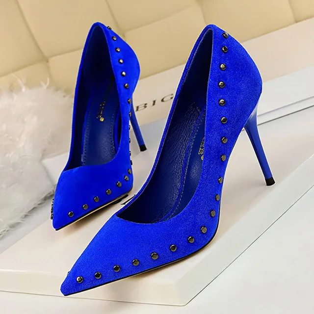 BIGTREE/обувь на высоком каблуке; женские замшевые туфли-лодочки с заклепками; женская обувь; пикантные женские свадебные туфли на каблуке с острым носком; вечерние женские туфли на шпильке - Цвет: blue