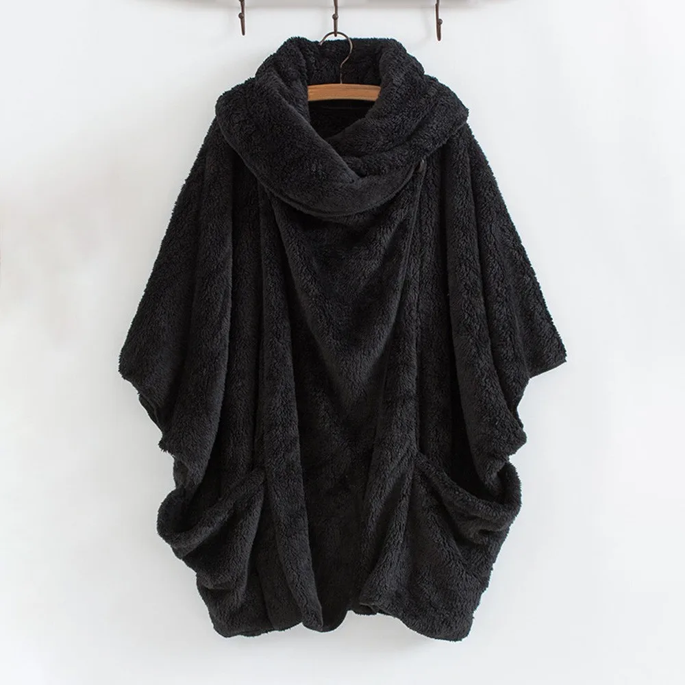 Women Casual Solid Turtleneck Big Pockets Cloak Coats