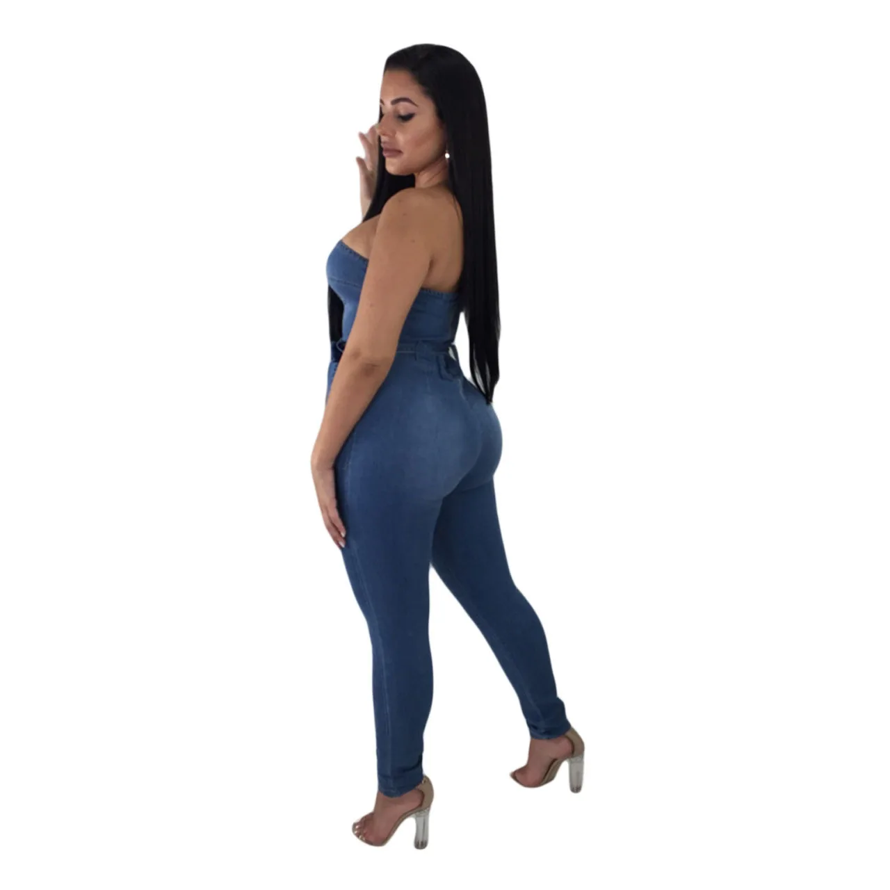 Denim Long Jumpsuit Women Casual Tight High Waist Stretch Bandage Bodysuit Plus Size Off Shoulder Jumpsuit Womens Playsuits
