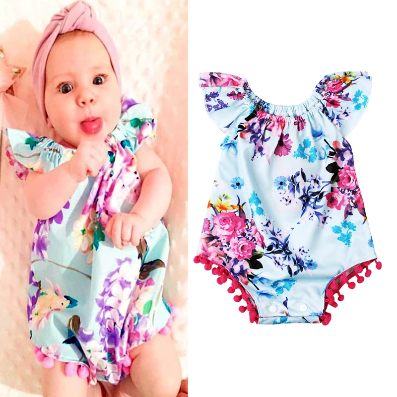 

2018 Summer Newborn Baby Girls Floral Butterfly Sleeves Cute Bodysuit Sunsuit Clothes 4-24 Months