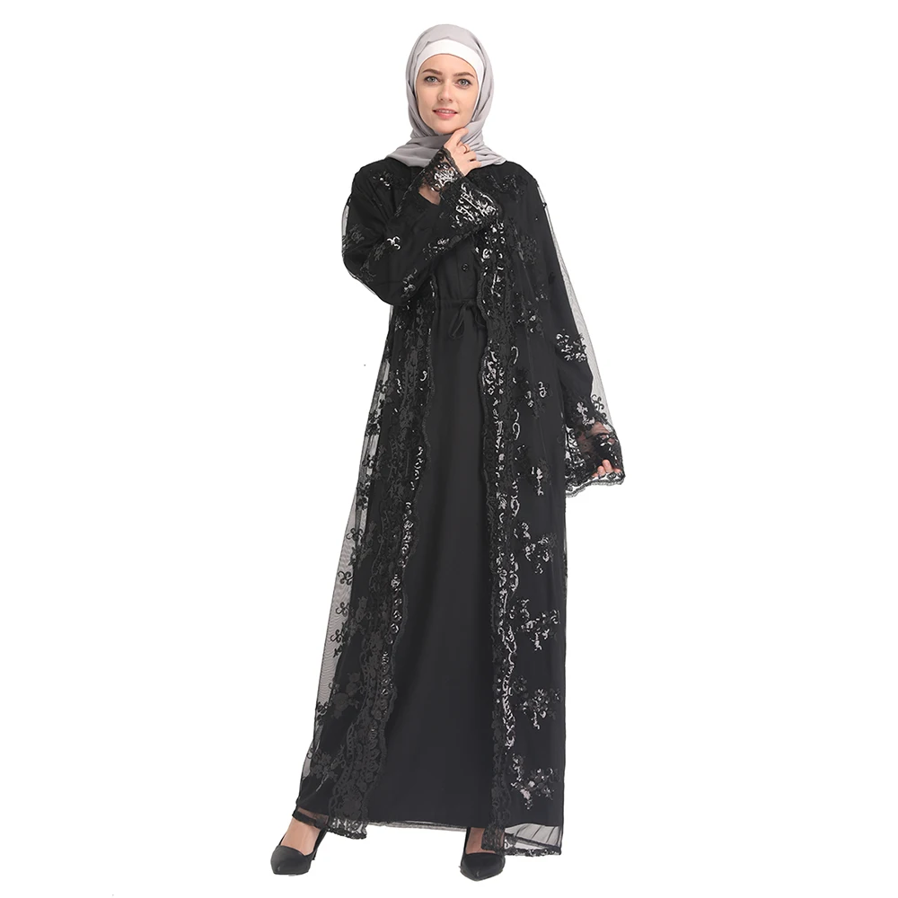 

New Muslim Lady Dress Middle East Muslim Women Temperament Sequin Lace Cardigan Robe Dress Fashion Turkish Lslamic Robes Dress