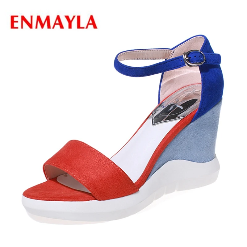 

ENMAYLA New Arrival top quality women color block open toe wedges lady buckle strap platform sandals ZYL481