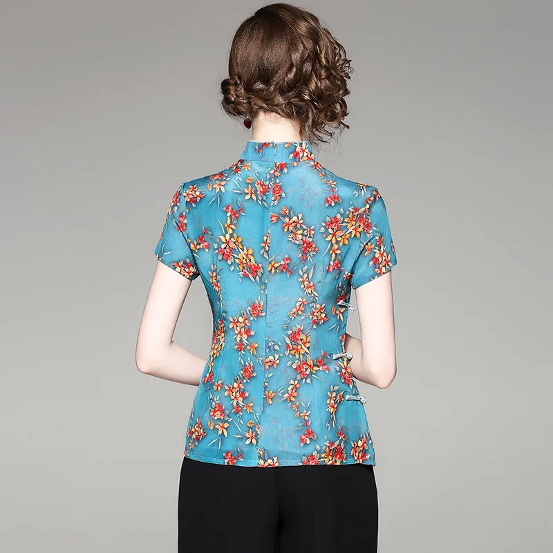 Высококачественные шелковые рубашки 2018 новые весенние мандарин воротник с коротким рукавом шелковые женские винтажные рубашки блузки 80193