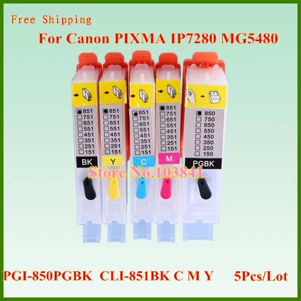 

5PCS/LOT PGI850PGBK CLI851BK 851C 851M 851Y Refillable Ink Cartridge With Chip For Canon PIXMA IP7280 MG5480 MG6380 Printer
