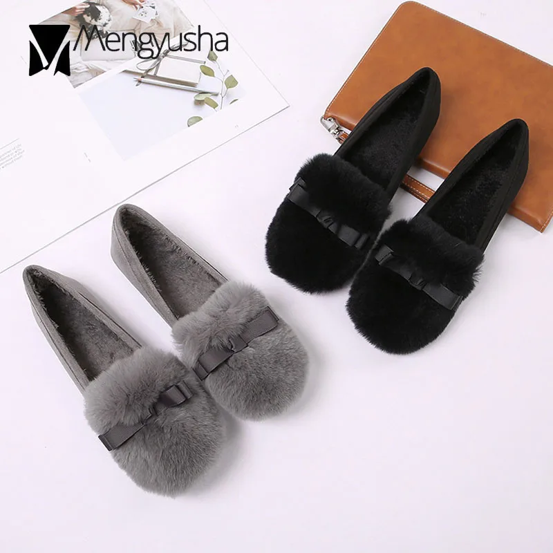 2020 new designer fur flat shoes riband bowtie ballet flats women slip