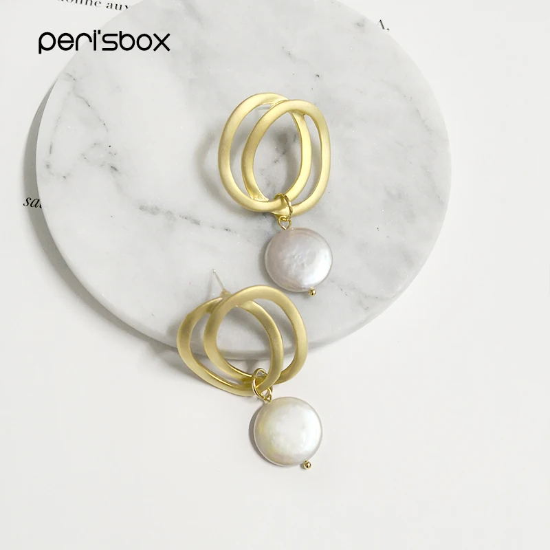 

Peri'sBox Matte Gold Color Freshwater Pearls Coin Hoop Earrings for Women Baroque Double Circle Earrings Hanging Charms Earrings