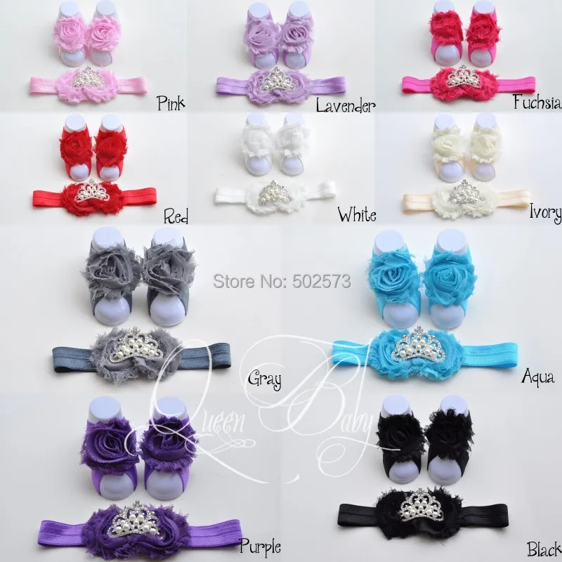 

20set/lot Baby Barefoot Sandals with Shabby Flower Matching Tiara Headband Baby Girl Headband