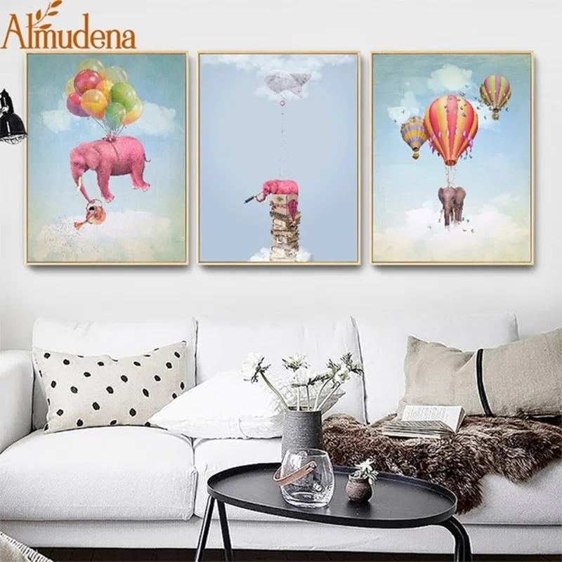 

Nordic Poster Children Room Paintings Elephant Hot Air Balloon Cartoon Canvas Picture Kindergarten Decoration Wall Art Prints