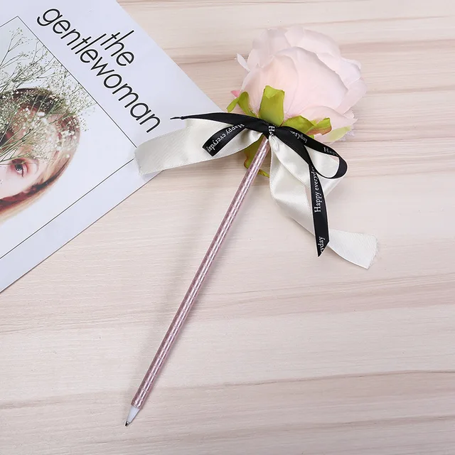 1PCS Creative Simulation Rose Flower Bow Ballpoint Pen Valentine's Day Ballpoint Pens Writing Pen Wedding Gift Pen Office Supply Light Pink