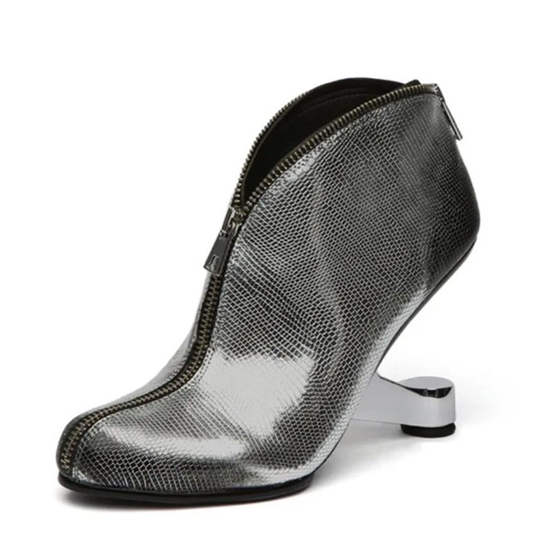 WETKISS/необычные женские ботильоны на высоком каблуке обувь на молнии с круглым носком женские ботинки из коровьей кожи с принтом на странном каблуке Женская Осенняя обувь - Цвет: Серый