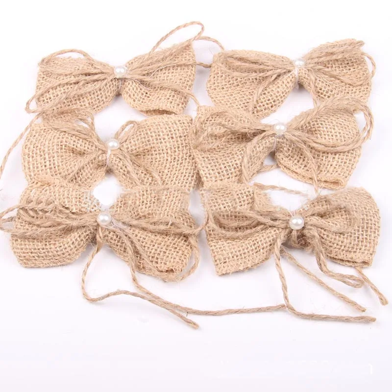 6pcs/lot Jute Burlap bow with Artificial bead Vintage Wedding Decoration Handmade DIY decoration 6pcs/lot Jute Burlap bow with Artificial bead Vintage Wedding Decoration Handmade DIY decoration