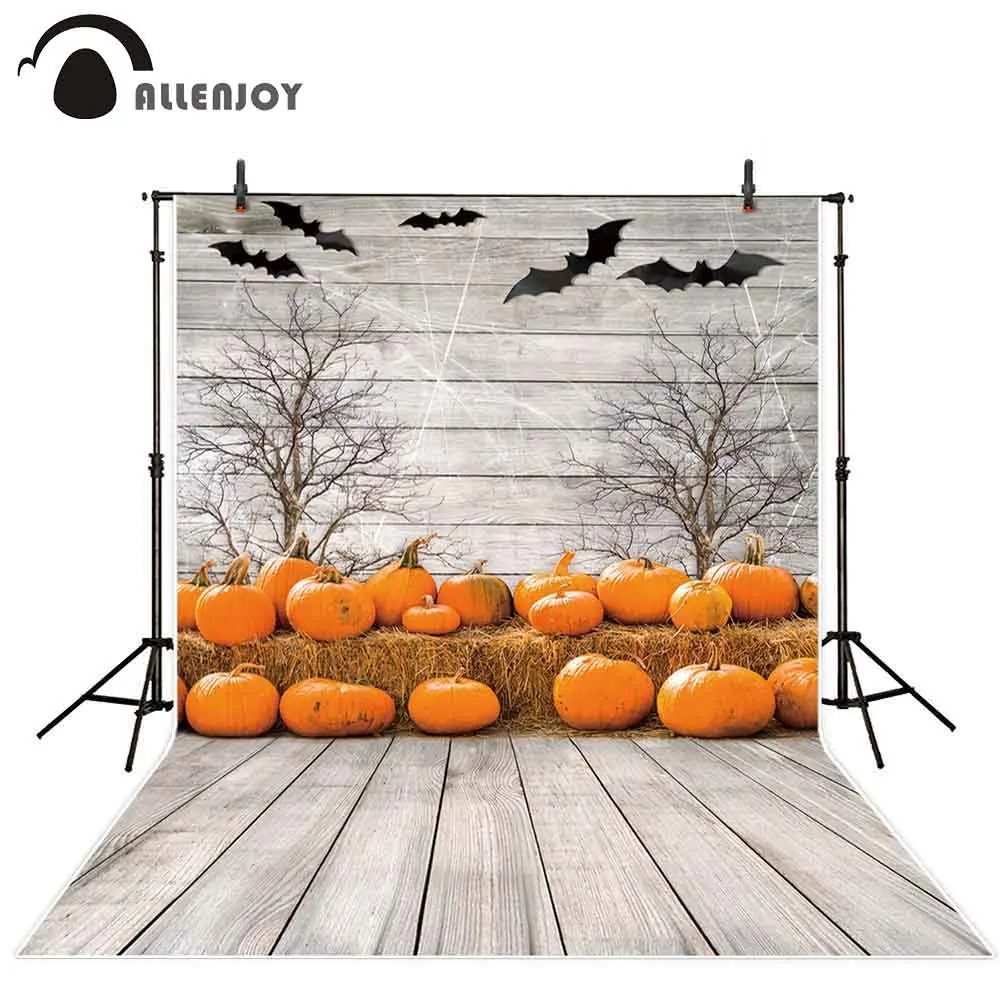 

Allenjoy backgrounds for photography studio Halloween pumpkin children wood wall hay tree bats backdrop photocall photobooth